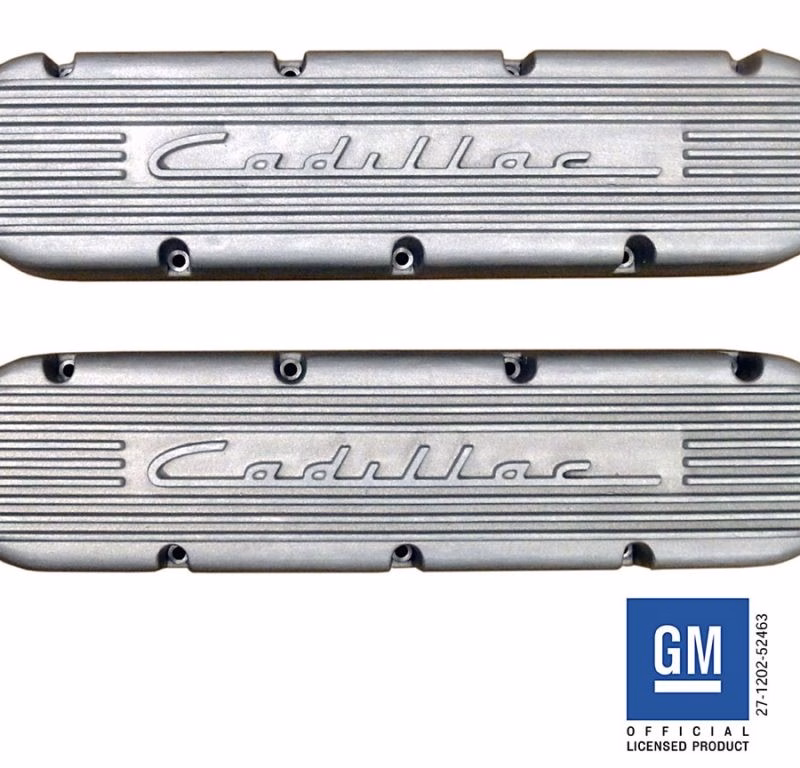 VT91151 Flat Top Valve Covers with Raised Early Cadillac Script and Fins